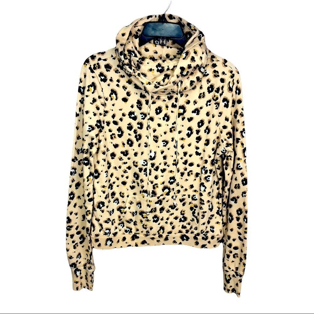 Love Fire Hoodie Animal Print Drawstring Kangaroo Pocket Tan Black White Medium